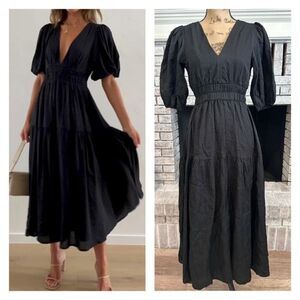 Puff Sleeve Deep V Neck Midi Dress Tiered A Line Small Goth, Voodoo, Cottagegoth